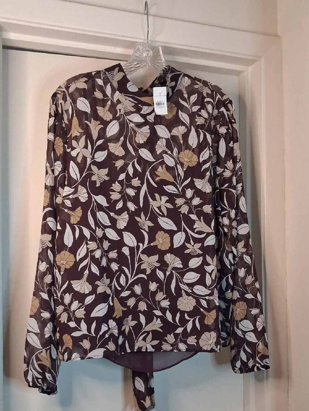 Ann Taylor Plum Floral Mock Neck Top with Neutral Blooms - Picture 2 of 8